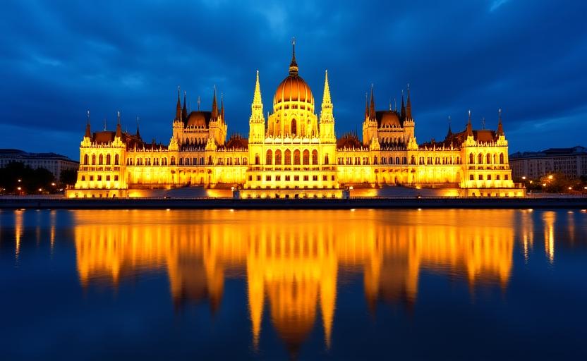 Il palazzo del Parlamento di Budapest illuminato riflesso sul Danubio